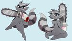  anthro big_butt blush breasts butt candy cartoon_hangover chainsaw chest_tuft coco_(doctor_lollipop) digital_media_(artwork) doctor_lollipop female food fur grey_fur lollipop looking_at_viewer mammal mask_(marking) raccoon side_boob simple_background smile solo sssonic2 tools tuft 