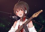  :d ahoge bad_id bad_pixiv_id bangs bare_shoulders black_gloves blurry blurry_background blush body_blush braid collarbone cravat dark_background detached_collar detached_sleeves glint gloves guitar hair_between_eyes headphones highres instrument long_hair microphone mimengfeixue mole mole_under_mouth music open_mouth playing_instrument red_eyes see-through sidelocks singing single_braid smile solo tareme upper_body very_long_hair vest vocaloid vocanese yuezheng_ling 