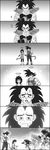  2boys age_regression armor bardock blood blood_from_mouth broken_armor closed_eyes comic crossed_arms dirty dragon_ball dragon_ball_z family gine gradient gradient_background greyscale halo highres kim_yura_(goddess_mechanic) kneeling monkey_tail monochrome multiple_boys muscle pants pants_under_skirt raditz skirt tail tears wristband younger 