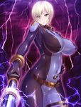 00s 1girl blonde_hair blue_eyes bodysuit breasts electricity female large_breasts laura_flockhart lilith-soft looking_at_viewer miyamoto_issa nipples short_hair taimanin_asagi_battle_arena weapon 