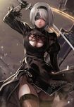  akechi_shizuku blindfold breasts cleavage closed_mouth expressionless feather_trim highres large_breasts nier_(series) nier_automata panties see-through silver_hair solo sword thighhighs underwear walking weapon wind yorha_no._2_type_b zettai_ryouiki 