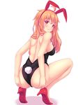  1girl ahoge ass ass_grab back backless_outfit bare_shoulders blush breasts bunny_ears bunny_tail bunnysuit fast-runner-2024 from_behind hand_on_ass hand_on_own_ass high_heels large_breasts long_hair looking_at_viewer orange_hair original parted_lips red_eyes shiny shiny_clothes shiny_hair shiny_skin sideboob smile solo squatting tail tiffy 