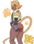  adjusting_clothes agawa_ryou animal_ears ass blue_eyes cat_ears cat_tail compression_sleeve dark_skin fingerless_gloves gloves jacket looking_back orange_hair original paw_print short_hair signature tail thick_thighs thighs white_background 
