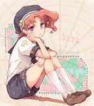  chinese_commentary commentary_request dated from_side full_body head_rest highres jojo_no_kimyou_na_bouken kakyouin_noriaki looking_at_viewer male_focus pink_hair purple_eyes sailor_collar short_shorts shorts single_horizontal_stripe socks solo star touming_renjian younger 