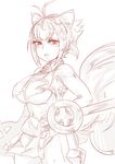  aixk animal_ears antenna_hair blazblue breasts cowboy_shot crop_top dual_wielding highres holding large_breasts lineart makoto_nanaya miniskirt monochrome navel open_mouth revealing_clothes short_hair skirt solo squirrel_ears squirrel_tail tail tonfa underboob weapon 