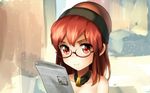  bangs bare_shoulders bespectacled blush collar collarbone commentary_request glasses hecatia_lapislazuli jewelry long_hair looking_at_viewer medium_hair polos_crown reading red_eyes red_hair semi-rimless_eyewear signature smile solo touhou upper_body welt_(kinsei_koutenkyoku) 