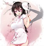  :d ahoge arm_at_side beifeng_han black_hair blush braid breasts china_dress chinese_clothes commentary_request cowboy_shot dress fan floral_print flower glowing glowing_eyes hair_between_eyes holding large_breasts long_hair miyaura_sanshio open_mouth original paper_fan plum_blossoms print_dress purple_eyes revision short_dress short_sleeves side_slit single_braid smile solo tassel uchiwa white_dress 