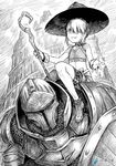  1girl armor belt bracelet chainmail comic flat_chest greyscale hair_over_one_eye hat helmet jewelry madjian monochrome original shaded_face shoes sitting sitting_on_person smile staff watermark web_address 