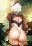  arms_at_sides artist_name ass back_cutout black_gloves black_hairband black_legwear blindfold blurry blurry_background covered_eyes feather-trimmed_sleeves from_behind gloves hairband headband highleg highleg_leotard juliet_sleeves leotard long_sleeves mole mole_under_mouth nier_(series) nier_automata no_pants patreon_username pink_lady_mage puffy_sleeves rain short_hair shoulder_blades solo thighhighs watermark web_address wet white_hair white_leotard yorha_no._2_type_b 