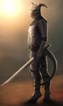  2014 anthro armor clothed clothing dragon holding_object holding_weapon horn male melee_weapon standing sword sythgara weapon 