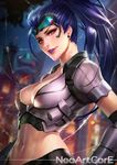  alternate_costume breasts cleavage goggles goggles_on_head hair_pulled_back looking_at_viewer medium_breasts midriff navel nudtawut_thongmai overwatch parted_lips plunging_neckline purple_hair smile solo stomach sweat talon_widowmaker upper_body widowmaker_(overwatch) 