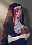  absurdres bangs black_dress blood breasts budinger cleavage cleavage_cutout cross dress eyelashes fingernails habit high_collar highres holding holding_skull large_breasts long_fingernails long_sleeves looking_at_viewer nun original red_eyes red_hair slit_pupils solo upper_body 