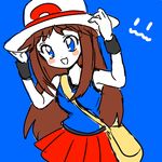  :3 :d bag bangs bare_shoulders blue_(pokemon) blue_background blue_eyes blue_shirt blush breasts brown_hair eyebrows_visible_through_hair eyelashes fingernails handbag hands_on_headwear hat leaning_to_the_side long_hair looking_at_viewer lowres medium_breasts miniskirt open_mouth pleated_skirt poke_ball_theme pokemon pokemon_special red_skirt shirt simple_background skirt smile solo standing tank_top tareme white_hat wristband yatsuhashi_otogi yellow_bag 