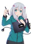  75mm_sad :o blue_eyes blurry blush bow chromatic_aberration drawing_tablet eromanga_sensei gradient_hair hair_bow hair_ribbon highres hood hooded_jacket izumi_sagiri jacket long_hair looking_to_the_side multicolored_hair no_pants pink_hair ribbon silver_hair solo stylus tablet wacom 