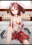  bed bed_sheet blurry brown_eyes clothes_removed depth_of_field hachimaki headband high_ponytail highres japanese_clothes kantai_collection kimono kimono_removed lace-trimmed_sleeves light_brown_hair long_hair nuka_(nvkka) open_mouth pillow red_shorts sarashi shorts sidelocks solo white_kimono zuihou_(kantai_collection) 