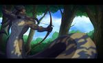  2014 5_fingers anthro arrow black_bars bow day detailed_background forest holding_object holding_weapon horn outside sythgara tree unknown_species weapon yellow_eyes 