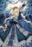  ahoge arm_up armor armored_dress artoria_pendragon_(all) blonde_hair blue_cape blue_dress braid breastplate cape closed_mouth corset crown dress excalibur fate/stay_night fate_(series) faulds full_moon fur-trimmed_cape fur_trim gauntlets green_eyes hair_bun hand_on_hilt highres juliet_sleeves long_sleeves looking_at_viewer moon outstretched_hand puffy_sleeves rosette_(yankaixuan) saber short_hair solo sword weapon 