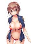  bikini blush breasts brown_eyes brown_hair character_request cleavage collarbone front-tie_top jacket large_breasts navel open_clothes open_jacket open_mouth pochadon red_bikini short_hair simple_background sleeves_pushed_up solo strap_gap swimsuit white_background wide_hips 