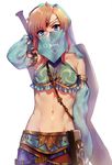  absurdres alternate_costume bad_id bad_pixiv_id bare_shoulders blonde_hair blue_eyes covered_mouth cowboy_shot crossdressing detached_sleeves earrings error gerudo_link highres huge_weapon jewelry link looking_at_viewer male_focus maruchi midriff navel otoko_no_ko pointy_ears solo stomach the_legend_of_zelda the_legend_of_zelda:_breath_of_the_wild toned toned_male veil weapon weapon_on_back 