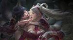  ahri animal_ears artstation_sample finger_to_face fox_ears fox_tail gloves highres image_sample league_of_legends multiple_girls sona_buvelle sweetheart_sona tail yu-han_chen 