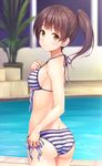  ass bangs bikini blurry breasts brown_eyes brown_hair butt_crack cowboy_shot depth_of_field eyebrows_visible_through_hair from_behind front-tie_top hand_on_own_chest high_ponytail indoors katou_megumi long_hair looking_at_viewer looking_back medium_breasts pasdar plant ponytail pool poolside potted_plant saenai_heroine_no_sodatekata shiny shiny_skin side-tie_bikini sideboob smile solo striped striped_bikini swimsuit twisted_torso 