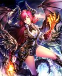  artist_request belt boots breasts capelet claws cleavage cloud cygames dragon dragon_girl dragon_horns dragon_tail dragon_wings fire hair_over_one_eye horns jewelry medium_breasts mole mole_under_eye necklace official_art pointy_ears pouch red_hair scales shadowverse shingeki_no_bahamut short_hair shorts sky_dragon_ethica smile tail wings yellow_eyes 