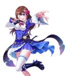  1girl :d ;d absurdres ascot bangs black_bow blue_eyes blue_skirt bow breasts brown_hair collared_shirt eyebrows_visible_through_hair frills hair_ornament hands_up head_tilt highres holding holding_microphone lace_trim leg_garter leg_up long_sleeves looking_at_viewer medium_breasts microphone mikannsisyou miniskirt mismatched_sleeves one_eye_closed open_mouth outstretched_hand pleated_skirt pocket_watch red_neckwear shirt sidelocks simple_background single_thighhigh skirt smile solo striped striped_bow thighhighs tokino_sora tokino_sora_channel underbust upper_teeth virtual_youtuber watch white_background white_legwear white_shirt wide_sleeves zettai_ryouiki 