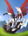  2014 3_toes 5_fingers anthro blakc_fur day duo eyes_closed featureless_crotch fight fur grass male nude outside sergal sky sythgara teeth toes white_fur 