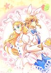  1girl animal_ears blonde_hair blue_eyes blush bunny_ears commentary_request dress formal green_eyes kaidou_mitsuki link long_hair looking_at_viewer pointy_ears princess_zelda short_hair smile suit the_legend_of_zelda the_legend_of_zelda:_breath_of_the_wild 
