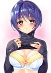  aomi-chan_(bucchake) bangs blue_hair blush bow bow_bra bra breasts bucchake_(asami) clothes_lift commentary_request eyebrows_visible_through_hair looking_at_viewer medium_breasts original parted_lips ribbed_sweater short_hair sleeves_past_wrists solo sweater sweater_lift turtleneck turtleneck_sweater underwear upper_body white_bra yellow_bow yellow_eyes 