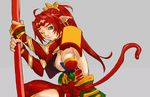  breasts bridal_gauntlets cleavage gunbird hoop_earrings kerchief large_breasts long_ears looking_at_viewer monkey_tail pointy_ears psikyo red_hair staff tail taisen_net_gimmick yuan_nang 