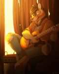  2017 4_toes amplifier anthro barefoot biped black_claws brown_fur brown_hair brown_pawpads canine claws clothed clothing crossed_legs curtains digital_media_(artwork) dog eyebrows eyes_closed front_view fully_clothed fur guitar hair hi_res holding_musical_instrument jeans male mammal multicolored_fur musical_instrument nowandlater pants pawpads paws pink_nose playing_guitar playing_music shiba_inu shirt short_hair signature sitting snout solo takun tan_fur toe_claws toes torn_clothing white_fur 