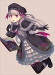  black_gloves black_hat black_legwear blush book dress eyebrows_visible_through_hair fate/extra fate_(series) food_print full_body gloves hat long_hair looking_at_viewer mushroom_print nursery_rhyme_(fate/extra) open_mouth outstretched_arm pantyhose peroncho purple_eyes ribbon simple_background solo white_hair 