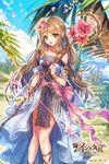  age_of_ishtaria blue_sky bracelet brown_hair cherry_blossoms cloud copyright_name day dress flower green_eyes hair_flower hair_ornament headband highres holding holding_staff interitio jewelry long_hair looking_at_viewer official_art open_mouth outdoors palm_tree petals sky staff standing tree watermark 