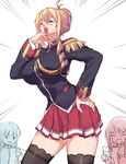  ^_^ ann_(walkure_romanze) bertille_althusser black_legwear blonde_hair breasts closed_eyes drill_hair emma_(walkure_romanze) emphasis_lines epaulettes hair_bun hand_on_hip jitome large_breasts long_hair mini_flag multiple_girls negresco ojou-sama_pose skirt smile thighhighs thighs walkure_romanze 