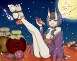  1girl arm_support barefoot black_hair blush cherry_blossoms fangs fate/grand_order feet feet_up fruit horns looking_at_viewer makeup moon open_mouth purple_eyes sake short_hair shuten_douji_(fate/grand_order) sitting soles tagme toes 