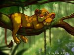  2014 day detailed_background digitigrade disney eyebrows feline feral full-length_portrait fur lion lying male mammal on_front outside paws pink_nose portrait quadruped shadow side_view signature simba sleeping snout solo text the_lion_king tigon tree vines yellow_fur young 