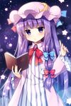  :o blue_bow blush book bow chestnut_mouth crescent dress hair_bow hat index_finger_raised long_hair looking_at_viewer mauve patchouli_knowledge purple_eyes purple_hair red_bow solo star striped touhou vertical-striped_dress vertical_stripes 
