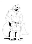  anthro cargo_shorts clothed clothing fish male marine monochrome muscular open_mouth serex shark solo standing topless 