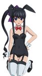  animal_ears black_hair black_hairband black_leotard blue_eyes bow bowtie breasts bunny_ears bunnysuit choker cleavage covered_navel fake_animal_ears full_body garter_straps grey_legwear hair_bow hairband hand_on_hip kneeling leotard long_hair looking_at_viewer minamiya_natsuki open_mouth purple_bow red_bow red_neckwear side_ponytail sidelocks small_breasts solo strapless strapless_leotard strike_the_blood thighhighs transparent_background very_long_hair wrist_cuffs 