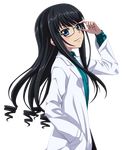  adjusting_eyewear black_hair blue_eyes from_side glasses hand_in_pocket head_tilt labcoat long_hair looking_at_viewer minamiya_natsuki solo standing strike_the_blood transparent_background 