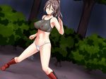  1girl areolae bare_arms bare_shoulders breasts brown_hair fighting_stance fishnets floating_hair forest fundoshi green_eyes highres large_breasts legs long_hair looking_at_viewer mound_of_venus navel nightmare_express ninja nipples original outdoors ponytail see-through shimano_natsume sleeveless smile solo standing thighs trees 