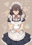  alpha_(yukai_na_nakamatachi) alternate_costume apron artist_name bangs black-framed_eyewear black_dress black_hair blue_eyes blush breasts center_frills commentary_request cup dress enmaided frilled_apron frilled_shirt_collar frilled_sleeves frills glasses grey_background hair_between_eyes highres idolmaster idolmaster_cinderella_girls lamppost long_hair looking_at_viewer maid maid_apron maid_headdress medium_breasts neck_ribbon parted_lips red_ribbon ribbon sagisawa_fumika sewing_machine short_sleeves solo teacup teapot twitter_username wrist_cuffs 