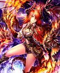  artist_request belt boots breasts burning capelet choker claws cleavage cloud cygames dragon dragon_girl dragon_horns dragon_tail dragon_wings fire hair_over_one_eye horns jewelry long_hair medium_breasts mole mole_under_eye navel necklace official_art orange_hair pointy_ears pouch scales shadowverse shingeki_no_bahamut shorts sky_dragon_ethica smile tail wings yellow_eyes 