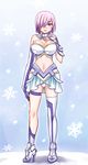  adapted_costume alternate_color asymmetrical_legwear breasts cleavage commentary_request elbow_gloves fate/grand_order fate_(series) gloves highres large_breasts looking_at_viewer mabo-udon mash_kyrielight navel purple_gloves purple_hair short_hair single_glove single_thighhigh skirt snow solo thighhighs 