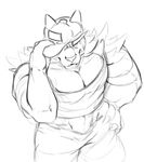  anthro clothed clothing dangpa hat incineroar looking_at_viewer male monochrome muscular nintendo pok&eacute;mon sketch solo standing video_games 