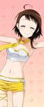  ahoge armpits breasts brown_hair cleavage closed_eyes collarbone cowboy_shot crop_top midriff navel nisekoi onodera_kosaki outstretched_arms race_queen shiny shiny_skin short_hair_with_long_locks short_shorts shorts sidelocks small_breasts solo standing stomach thighhighs yellow_legwear yellow_shorts 