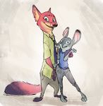  2017 anthro arm_around_shoulders barefoot canine clothed clothing disney duo female fox judy_hopps lagomorph looking_at_viewer male mammal monoflax nick_wilde open_mouth open_smile rabbit smile standing zootopia 