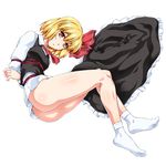  :&lt; arms_behind_back ascot ass bangs bdsm black_skirt black_vest blonde_hair bondage bottomless bound bound_arms breasts closed_mouth collared_shirt commentary_request feet frilled_skirt frills from_side full_body hair_ribbon looking_at_viewer looking_to_the_side ootsuki_wataru red_eyes red_ribbon restrained ribbon rumia shibari shibari_over_clothes shirt short_hair skirt skirt_removed small_breasts socks solo touhou transparent_background vest white_legwear 