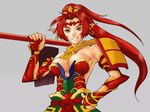  bare_shoulders breasts bridal_gauntlets cleavage from_below gunbird hand_on_hip hoop_earrings kerchief large_breasts long_ears looking_at_viewer pointy_ears psikyo red_hair smile staff taisen_net_gimmick yuan_nang 